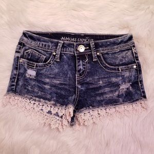 Acid Wash Jean Shorts with Lace Trim